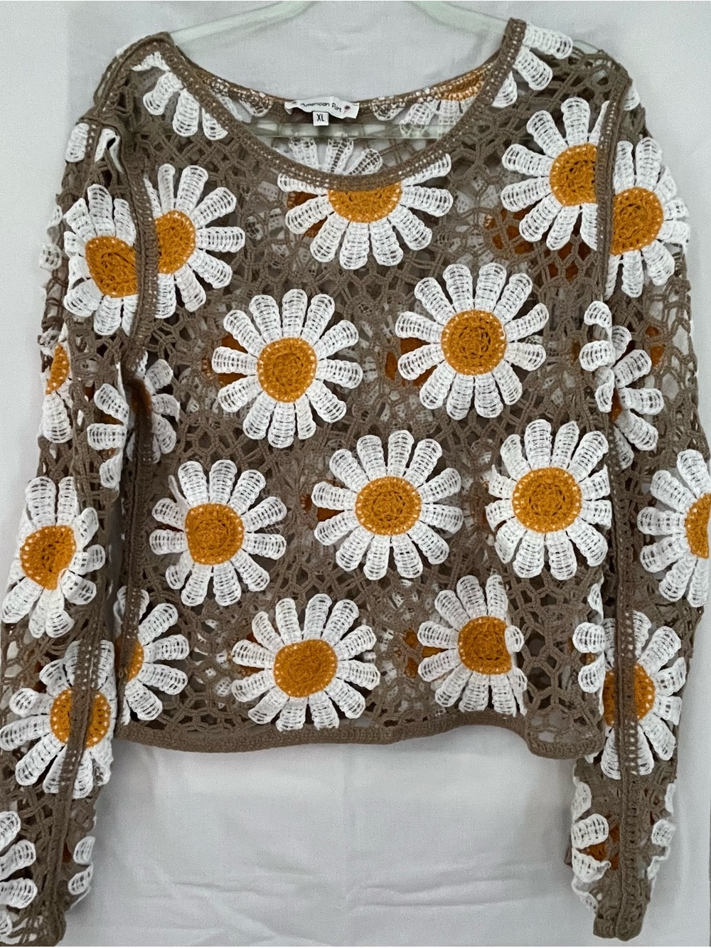 BOHO Crochet Daisy Pullover Sweater in Brown, White & Mustard